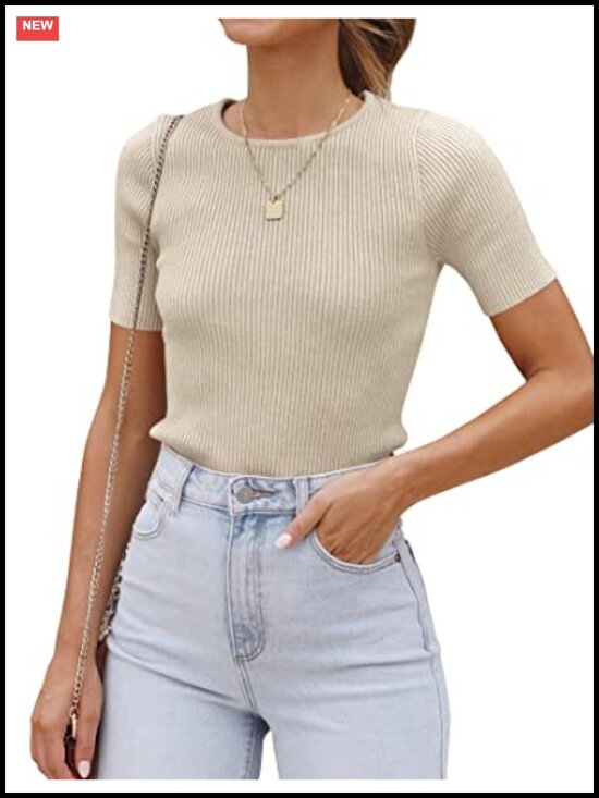 Tops - Ribbed Knit Short Sleeve Crewneck T-Shirt Slim Fitted Stretchy